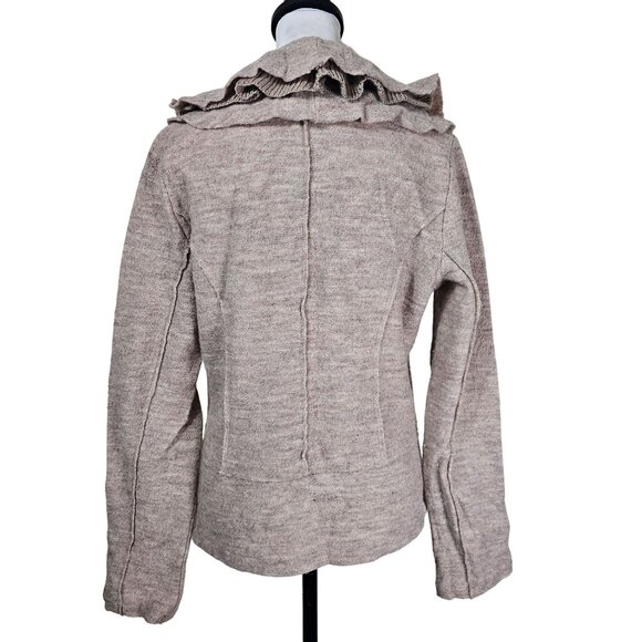 Renuar Boiled Wool Cardigan Sweater M Beige Ruffle Collar Office Minimalist - Picture 3 of 12
